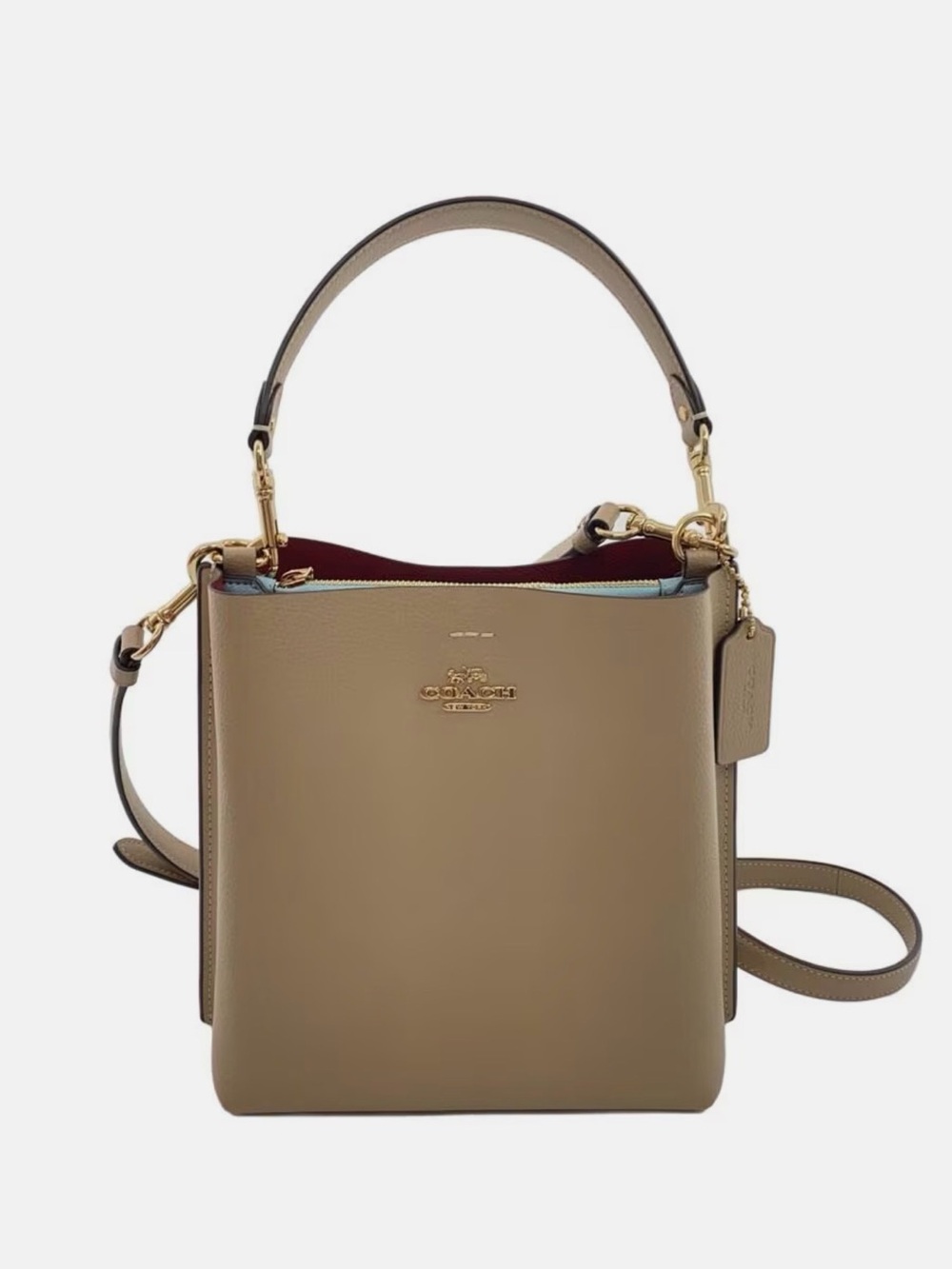Coach Taupe Leather Bucket Bag with Burgundy Interior